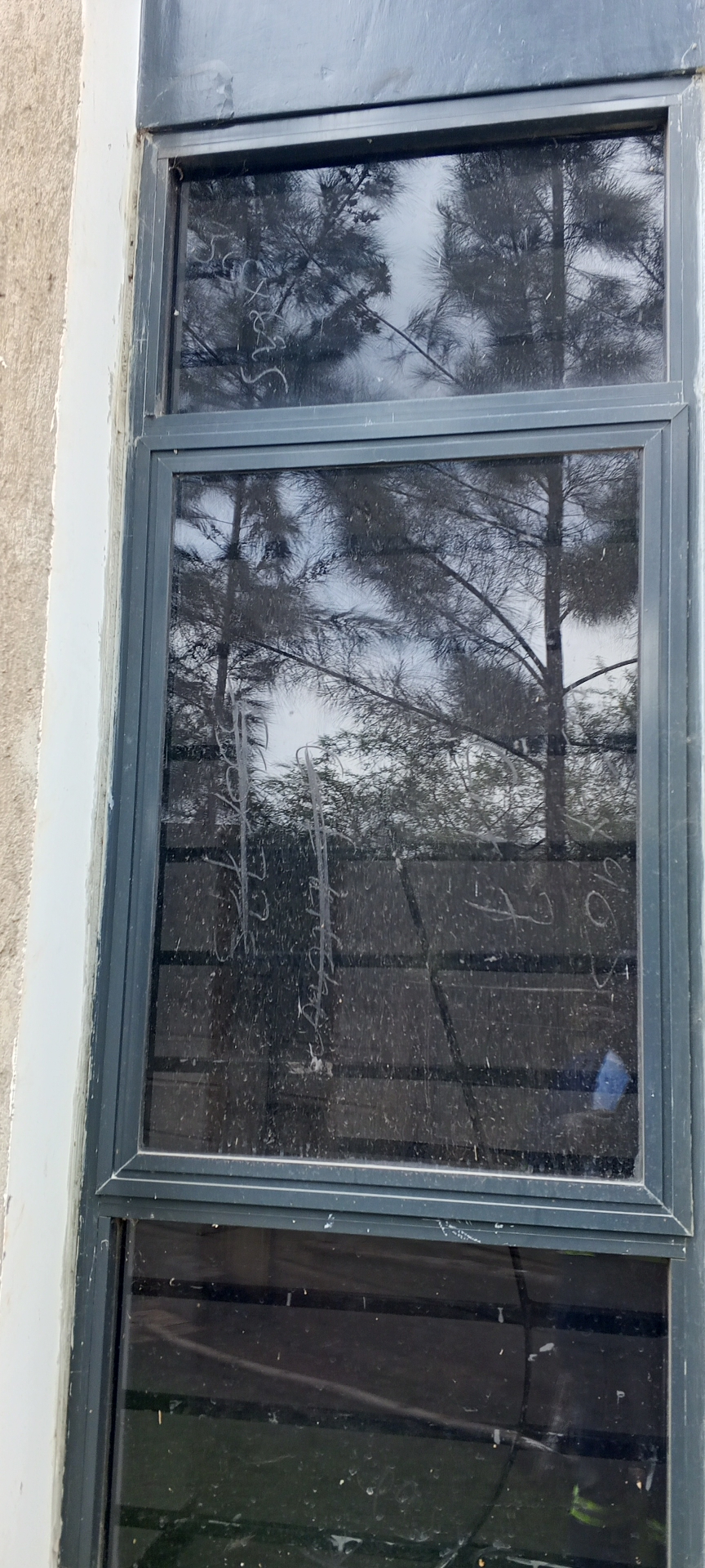 Tall top-hinged aluminum awning window with dark reflective glass