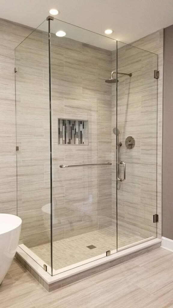 Corner frameless shower enclosure with glass shelving